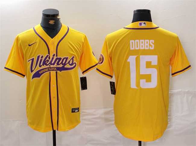 Men%27s Minnesota Vikings #15 Joshua Dobbs Yellow Cool Base Stitched Baseball Jersey